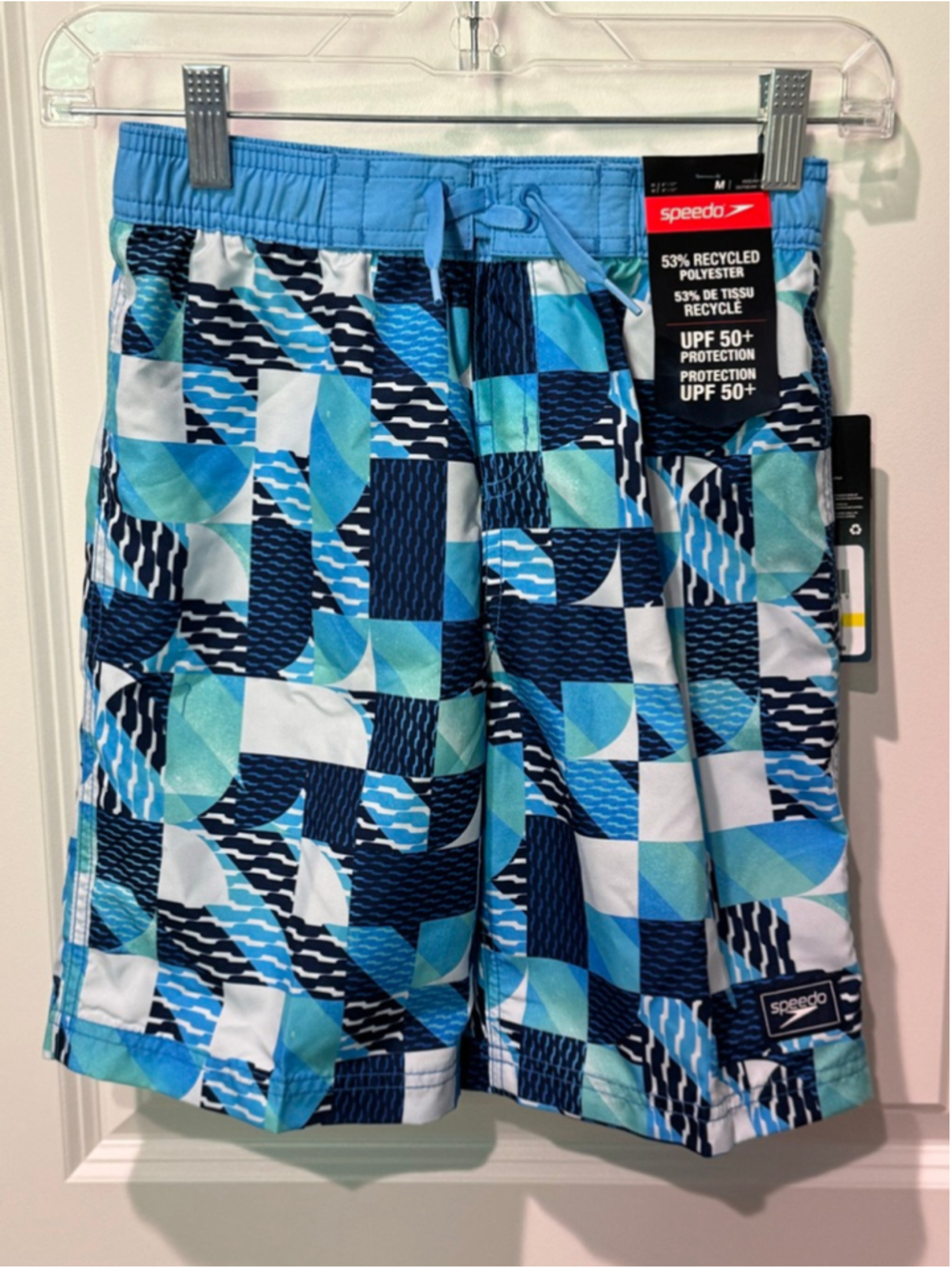 Boys Speedo Blue White Patterned Swim Trunks M